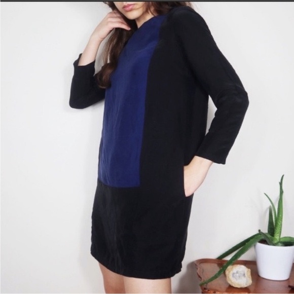 Madewell Blue and Black Colorblock Dress Back Zipper Silk Blend Small - Picture 3 of 17